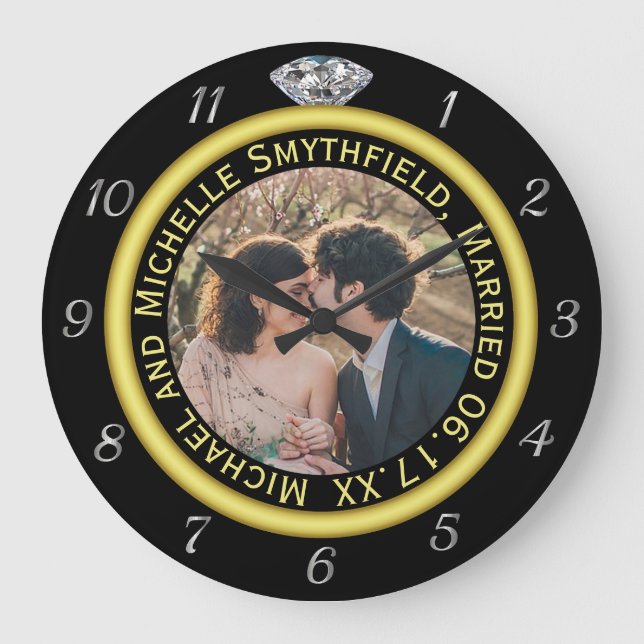 Diamond Wedding Ring Anniversary Photo Black Large Clock (Front)