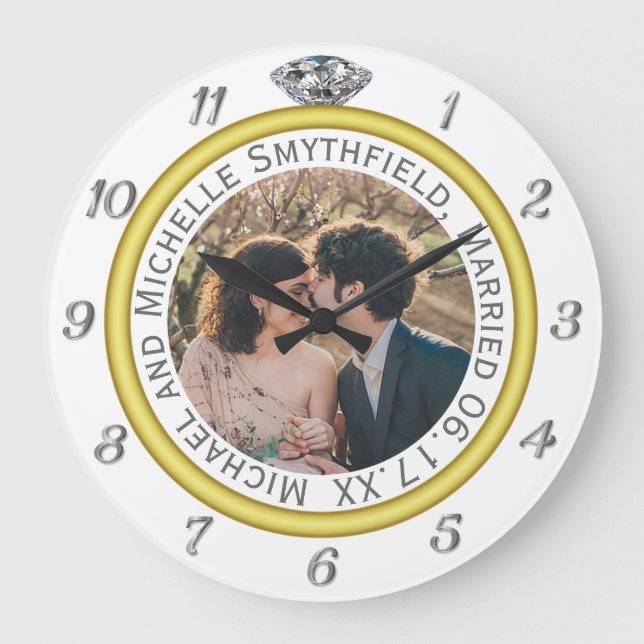 Diamond Wedding Ring Anniversary Photo on White Large Clock (Front)