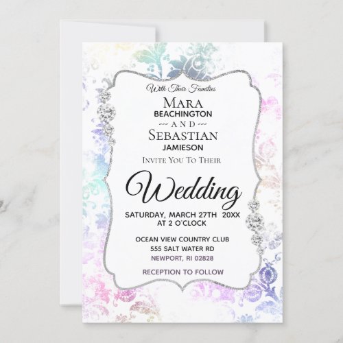 *~* Diamond White Vintage  Rustic Damask Wedding Invitation