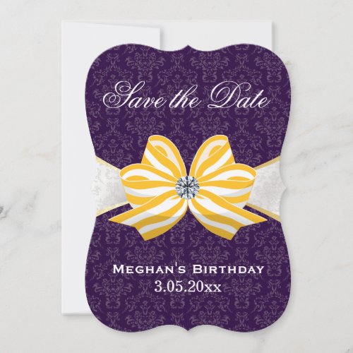 Diamond Yellow Ribbon with Purple Damask Pattern Save The Date