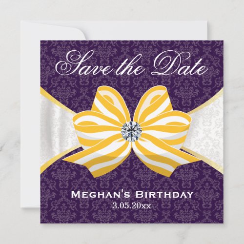 Diamond Yellow Ribbon with Purple Damask Pattern Save The Date