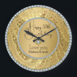 Diamonds And Gold 50th Birthday Large Clock<br><div class="desc">Elegant gold tones floral border with 2 hearts and a diamond,  Birthday gift. It comes in silver tones. Diamonds are not real</div>