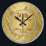 Diamonds And Gold 50th Wedding Anniversary Large Clock<br><div class="desc">Elegant gold tones floral border with 2 hearts and a diamond,  Gold 50th Wedding Anniversary. It comes in silver tones for the 25th anniversary. Diamonds are not real</div>