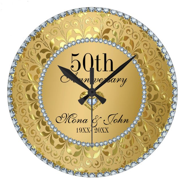 Diamonds And Gold 50th Wedding Anniversary Large Clock