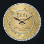 Diamonds And Gold 50th Wedding Anniversary Large Clock<br><div class="desc">Elegant gold tones floral border with 2 hearts and a diamond, Gold 50th Wedding Anniversary. It comes in silver tones for the 25th anniversary. Diamonds are not real</div>