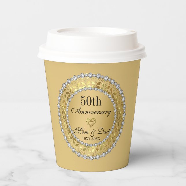 Diamonds And Gold 50th Wedding Anniversary Paper Cups (Front)