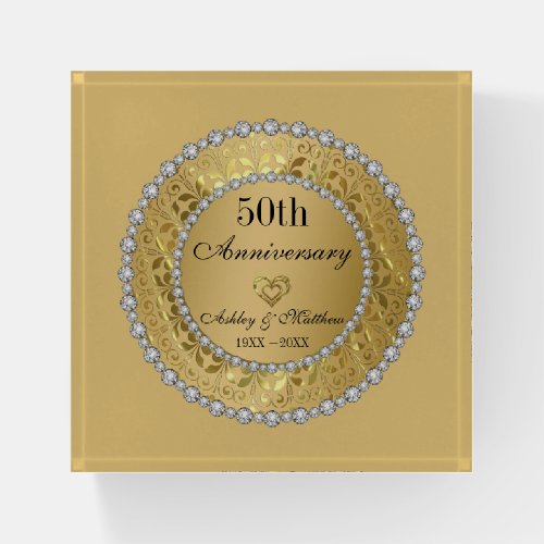 Diamonds And Gold 50th Wedding Anniversary Paperweight