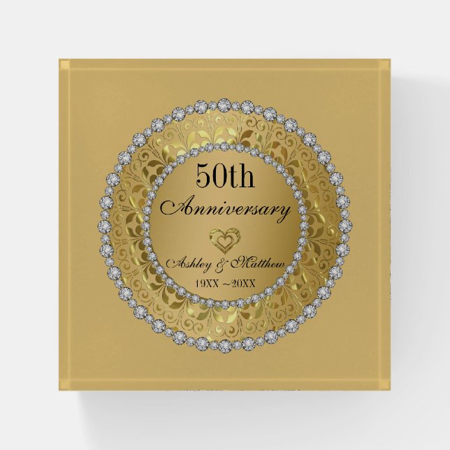 Diamonds And Gold 50th Wedding Anniversary Paperweight (Front)