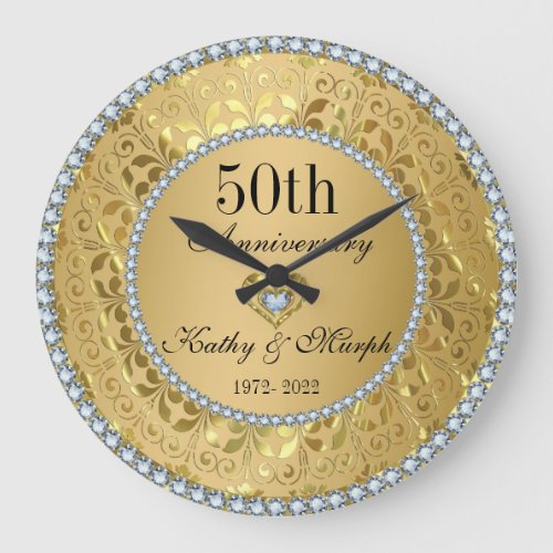 Diamonds And Gold Damask 50th Wedding Anniversary  Large Clock