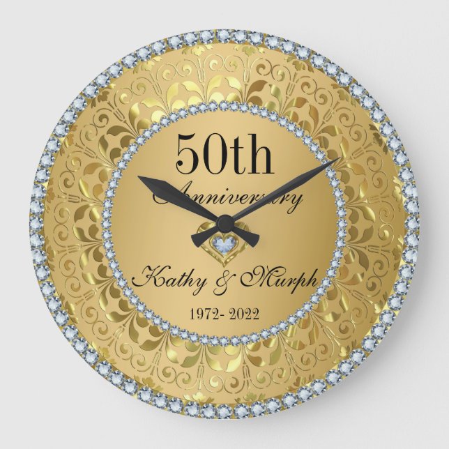 Diamonds And Gold Damask 50th Wedding Anniversary  Large Clock (Front)