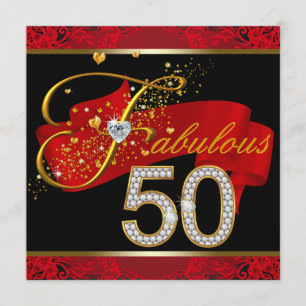 Diamonds and Gold Red Fabulous 50th Birthday Party Invitation