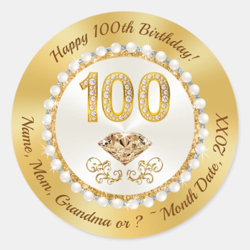 Diamonds and Pearls Gold 100th Birthday Stickers