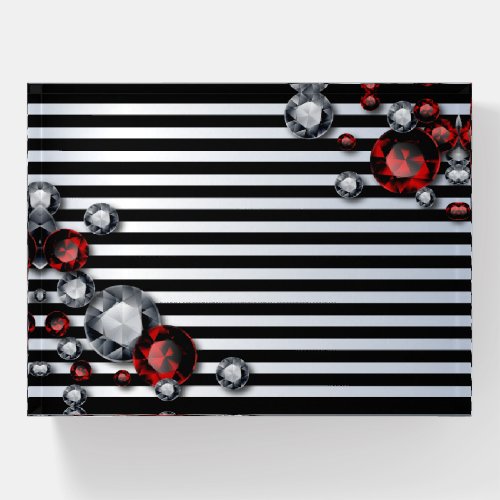 Diamonds and Rubies on Black and Silver Stripes Paperweight