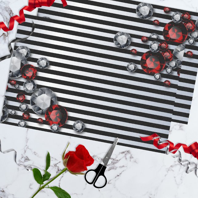 Diamonds and Rubies on Black and Silver Stripes Tissue Paper (Creator Uploaded)