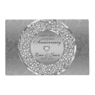 Diamonds And Silver Heart 25th Wedding Anniversary Placemat