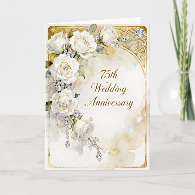 Diamonds and White Roses 75th Wedding Anniversary Card (Front)