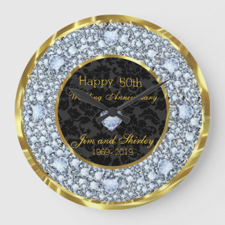 Diamonds, Black and Gold 50th Wedding Anniversary Large Clock