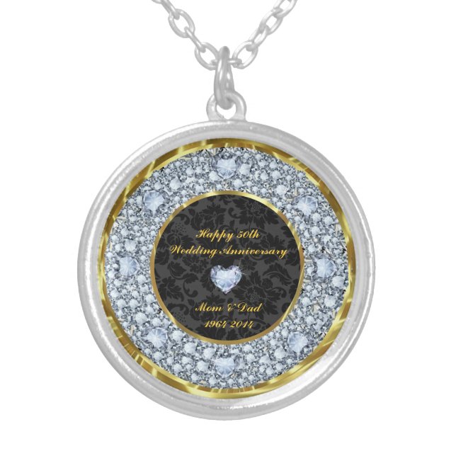 Diamonds, Black And Gold 50th Wedding Anniversary Silver Plated Necklace (Front)