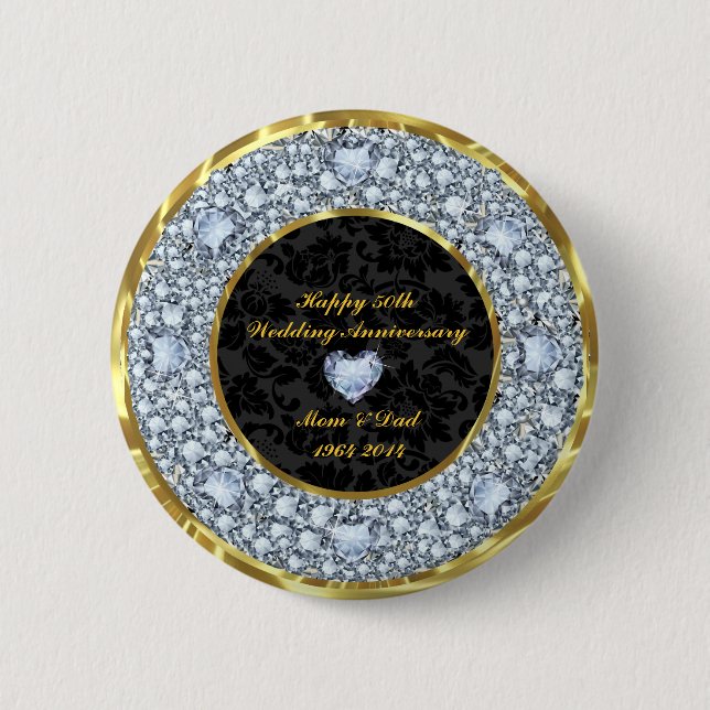 Diamonds, Black & Gold 50th Wedding Anniversary Button (Front)