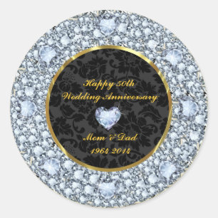 Diamonds, Black & Gold 50th Wedding Anniversary Classic Round Sticker