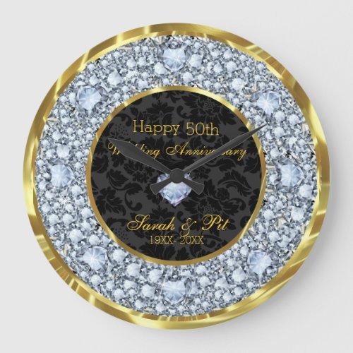 Diamonds Black  Gold 50th Wedding Anniversary Large Clock