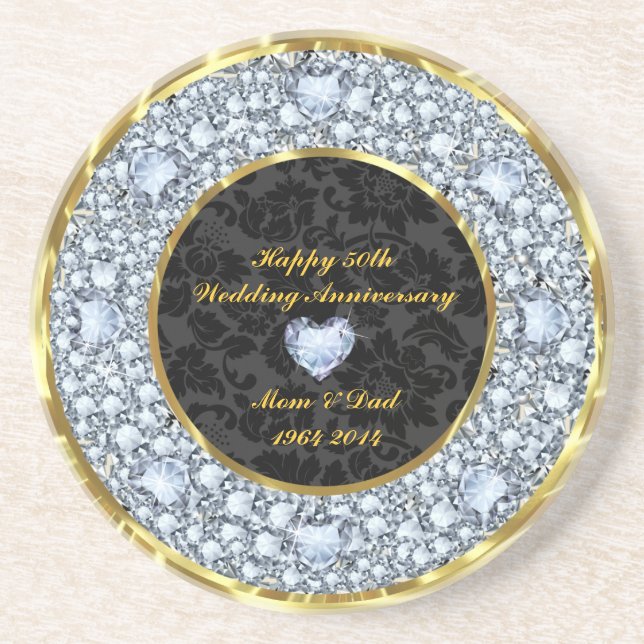 Diamonds, Black & Gold 50th Wedding Anniversary Sandstone Coaster (Front)