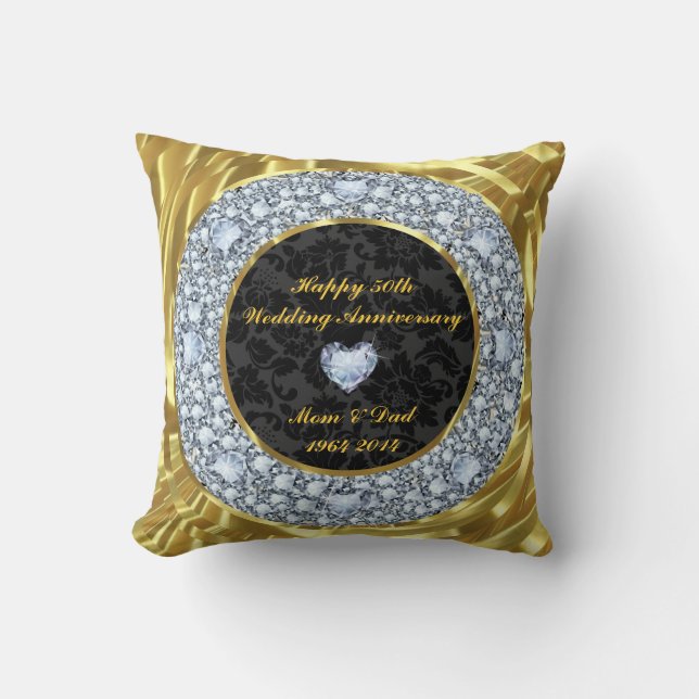 Diamonds, Black & Gold 50th Wedding Anniversary Throw Pillow (Front)