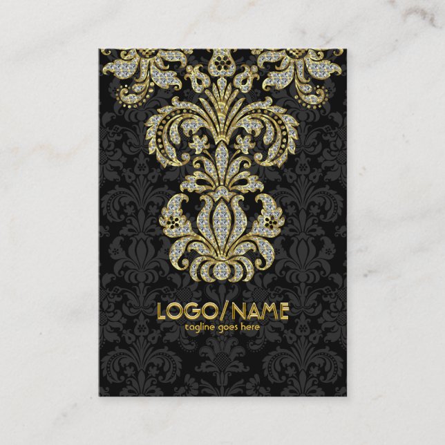 Diamonds Black & Gold Pattern Floral Damasks Business Card (Front)