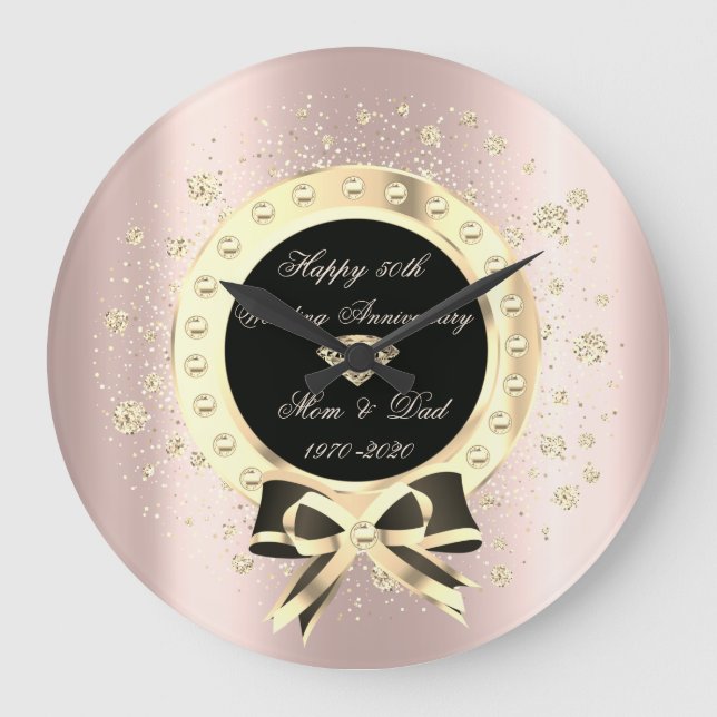 Diamonds Bow Confetti Rose Gold Anniversary Large Clock (Front)