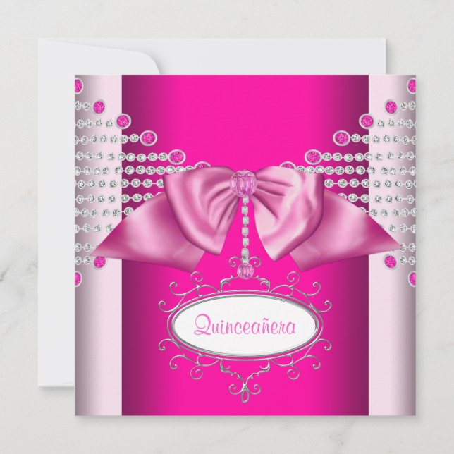 Diamonds Bow Hot Pink Quinceanera Invitation (Front)
