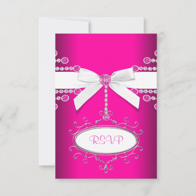Diamonds Bow Hot Pink Quinceanera RSVP Card (Front)