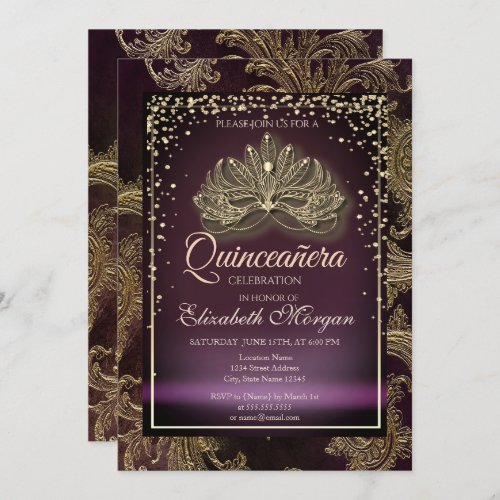 Diamonds Burgundy Floral Damask Quinceaera Invitation