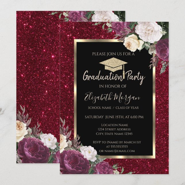 Diamonds Burgundy Flowers Red Glitter Graduation  Invitation (Front/Back)