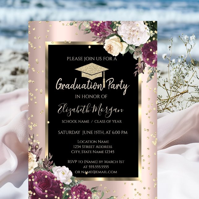 Diamonds Burgundy Flowers Rose Gold Graduation Invitation (Creator Uploaded)