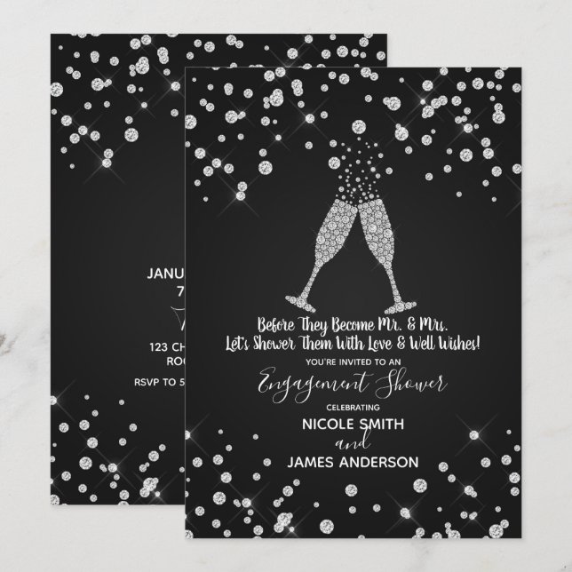 Diamonds Champagne Toast Engagement Celebration Invitation (Front/Back)
