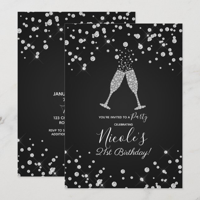Diamonds Champagne Toast Modern Birthday Party Invitation (Front/Back)