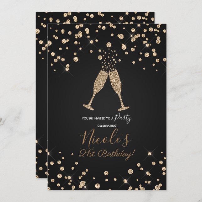 Diamonds Champagne Toast Modern Birthday Party Invitation (Front/Back)