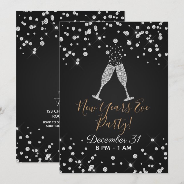 Diamonds Champagne Toast Modern New Years Eve Invitation (Front/Back)