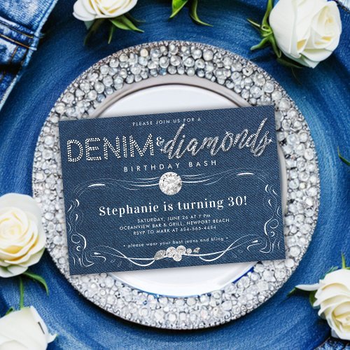 Diamonds Denim Flourish Frame Classy 30th Birthday Invitation