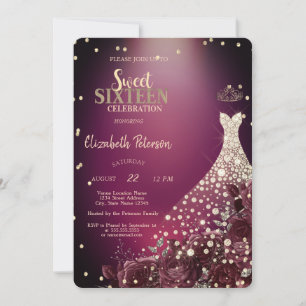 Diamonds,Dress,Burgundy Roses Sweet 16 Invitation