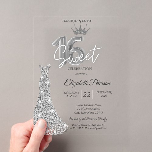 Diamonds Dress,Diamonds Stars Navy Blue Sweet 16  Acrylic Invitations