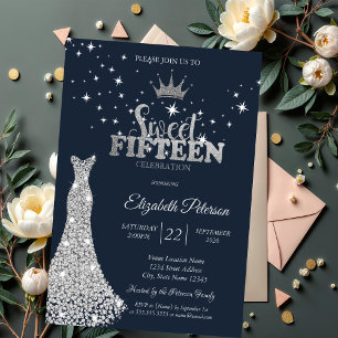 Diamonds Dress Stars Navy Blue Quinceañera Invitation
