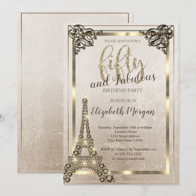 Diamonds Eiffel Tower,Border 50th Birthday Party  Invitation (Front/Back)