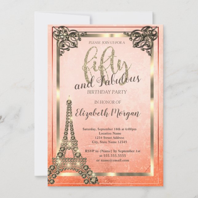 Diamonds Eiffel Tower,Border Orange 50th Birthday Invitation (Front)