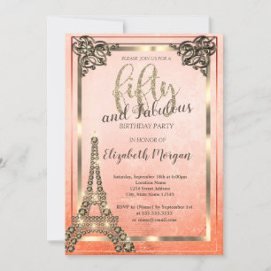 Diamonds Eiffel Tower,Border Orange 50th Birthday Invitation