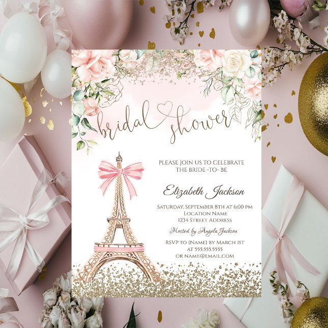 Diamonds Eiffel Tower Bow Flowers Bridal Shower  Invitation (Creator Uploaded)