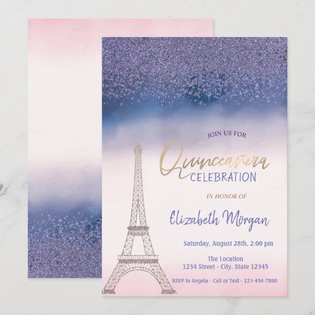 Diamonds,Eiffel Tower Ombre Quinceanera Invitation (Front/Back)