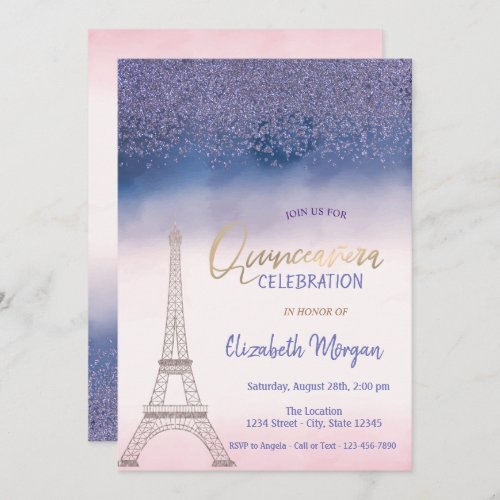 DiamondsEiffel Tower Ombre Quinceanera Invitation