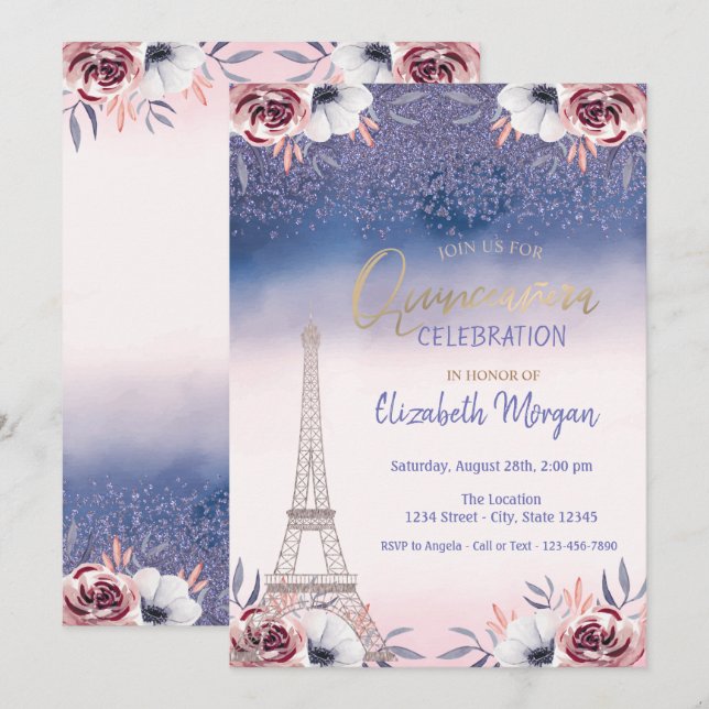 Diamonds,Eiffel Tower Ombre Roses Quinceanera  Invitation (Front/Back)