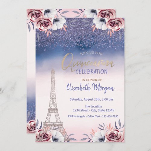 DiamondsEiffel Tower Ombre Roses Quinceanera  Invitation